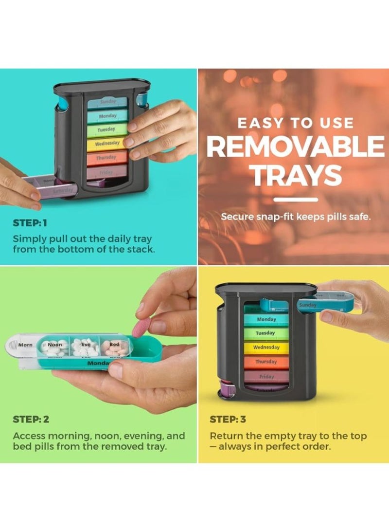 منظم حبوب أسبوعي، موزع واحد، 7 حجرات قابلة للتكديس، أربع جرعات يومية – صباحًا، ظهرًا، مساءً وقبل النوم، أسود - Image 3